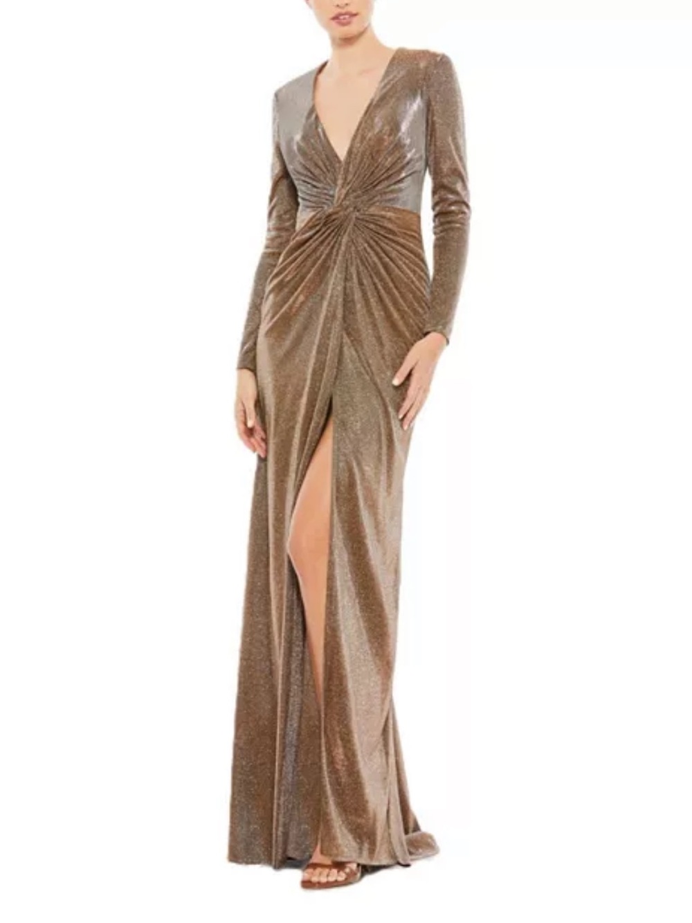 Mac Duggal Metallic Bronze Long Sleeve Knot-Front Gown